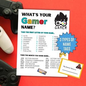 あなたのゲーマーネームゲーム、ネームタグ＋サイン、キッズゲームバースデーパーティー、スクリーンフリービデオゲームパーティーアクティビティ