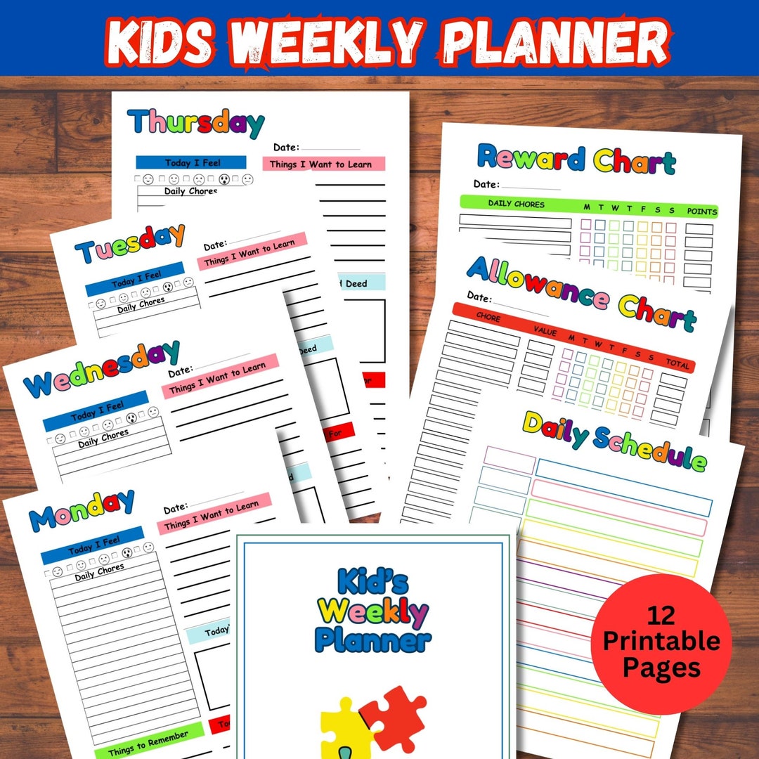 Kids Weekly Planner, Daily, Weekly Routine Chore Chart Printable, Teen ...