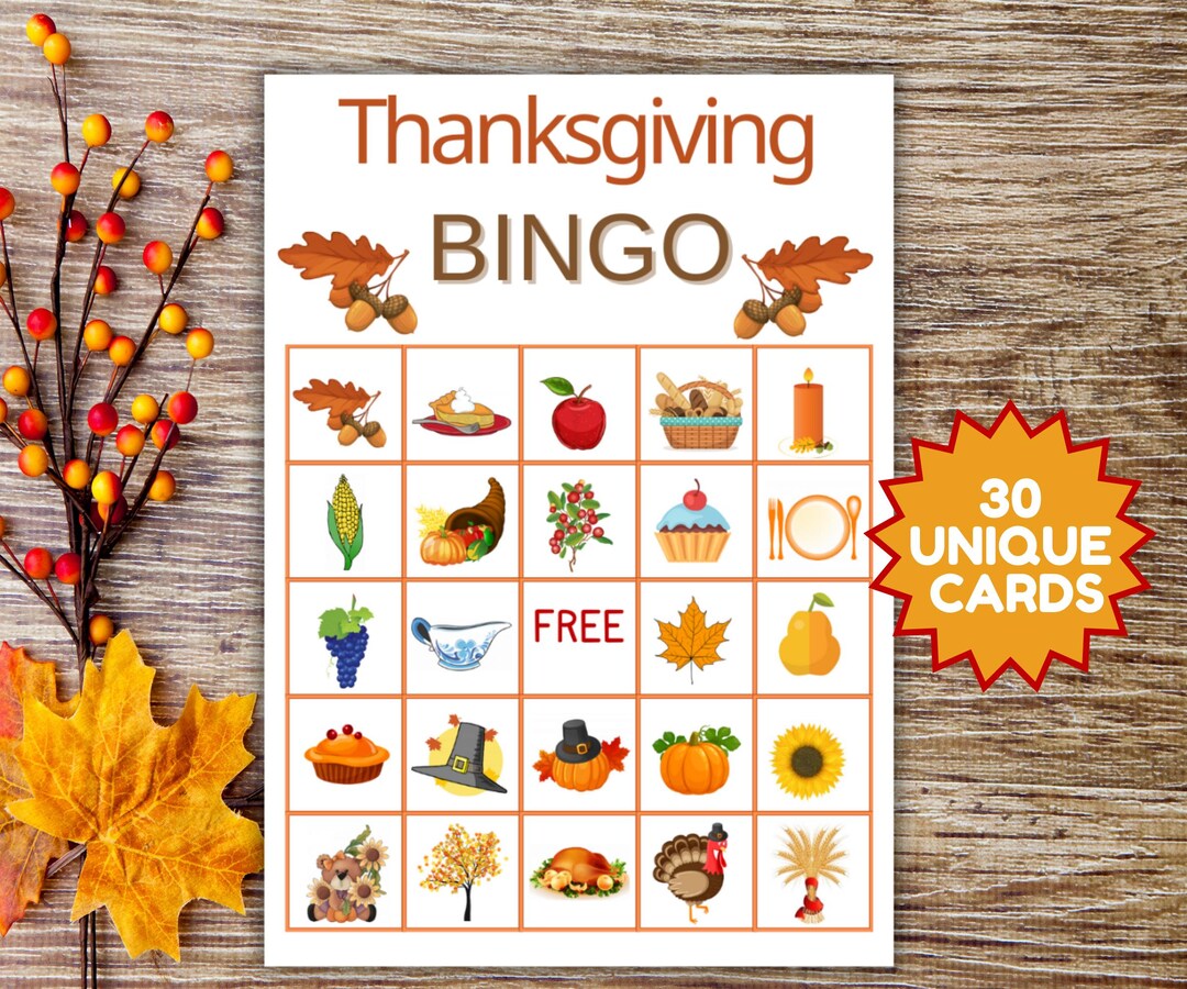 Thanksgiving Bingo Game, 30 Unique Printable Cards, Turkey Day, Fall ...