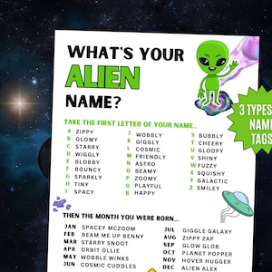 What&#39;s Your Alien Name Game NAME Tags + SIGN, Cute Alien Birthday Party, Baby Shower, Space Theme, UFO Extraterrestrial Activity Printable