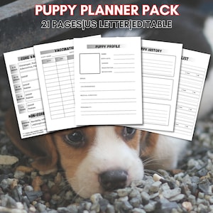 May include: A puppy planner pack with 21 pages, US letter size, and editable features. The image shows several pages with sections for vaccination records, puppy profile, puppy history, and a checklist. A puppy is in the foreground.