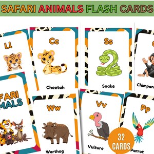 Safaridieren-flashcards, 32 afdrukbare educatieve kaarten voor kleuters, natuurleren, kleuterschool Montessoriklas Homeschool-hulpmiddel