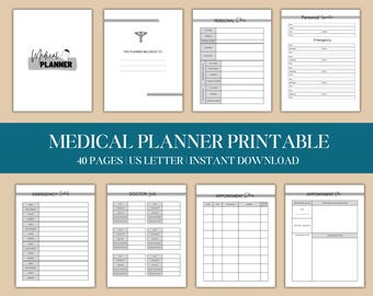 Planer medyczny do druku w formacie PDF, segregator medyczny, historia choroby, leki, ciśnienie krwi, monitorowanie poziomu cukru we krwi w cukrzycy, natychmiastowe pobieranie
