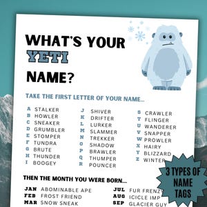 What&#39;s Your Yeti Name Game NAME TAGS & SIGN, Yeti Birthday Party Printable, Camping, Classroom, Daycare, Icebreaker, Youth Groups Activity