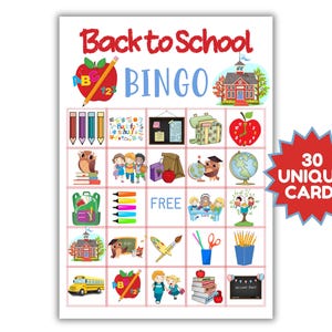 Jeu de bingo pour la rentrée scolaire, 30 cartes imprimables uniques, activité amusante en classe pour les enfants, école à la maison, jardin d'enfants, école maternelle, jeu de garderie PDF