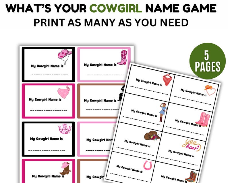What's Your Cowgirl Name Game, NAME TAGS + SIGN, Cowgirl Party Game ...