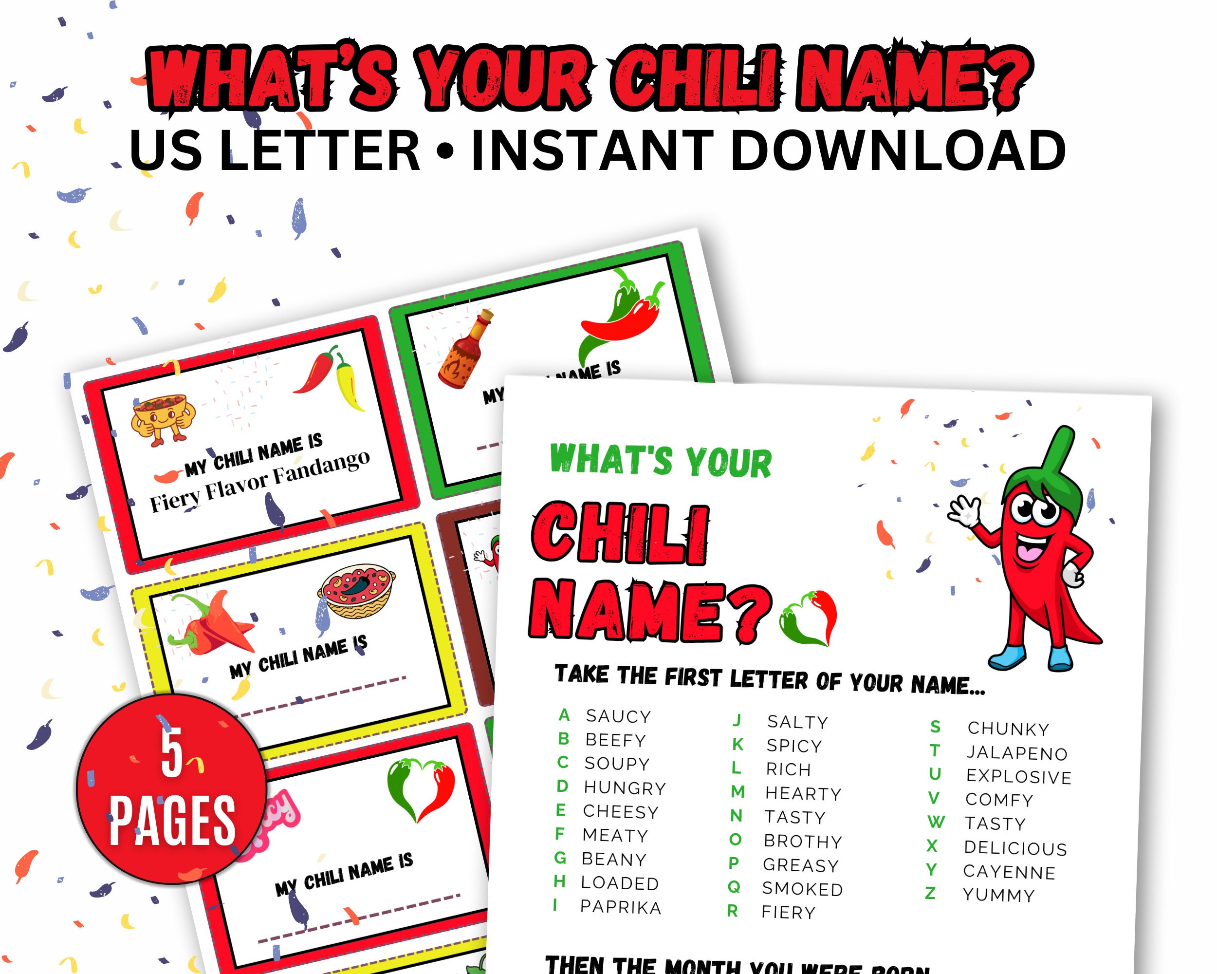 What's Your Chili Name Game With Name Tags, Chilithemed Party, Cookoff