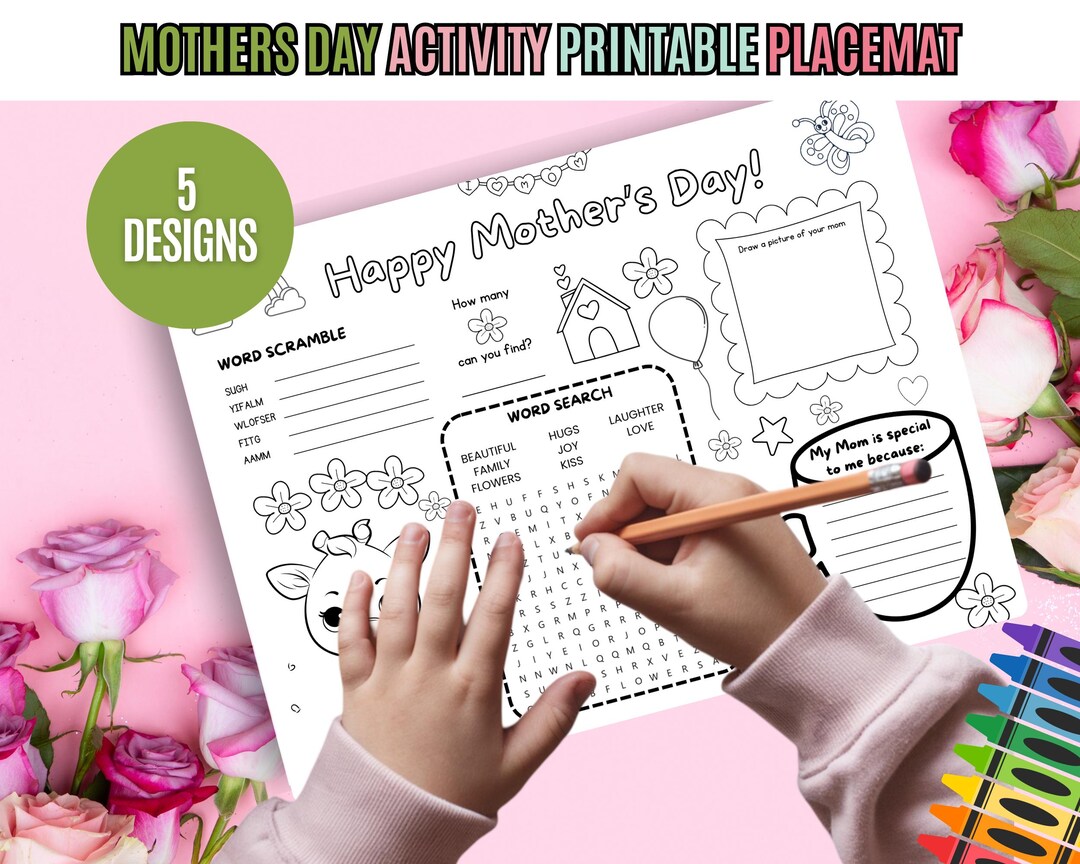 Colerable Ptable Mothers Day Activity Placemat Printable, 5 Kids Colorable Paper Table ...