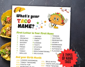 What's Your Taco Name Game, NAME TAGS + SIGN, Printable Mexican Fiesta, Taco Tuesday, Cinco de Mayo, Quinceanera Taco Bar Party Printable