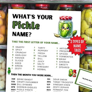May include: A printable game card with a cartoon pickle and the text "What's Your Pickle Name?"  The game instructs players to take the first letter of their name and then the month they were born to find their pickle name.  The card lists different pickle names like "Brine Bandit", "Crispy Cucumber", "Dill Dynamo", "Tangy Trickster", "Vinegar Vixen", and "Zesty Zephyr".