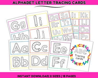 Puede incluir: Tarjetas de trazo de letras del alfabeto con letras mayúsculas y minúsculas. Cada tarjeta presenta una letra con líneas punteadas para trazar. Las tarjetas son de varios colores e incluyen el texto "ALPHABET LETTER TRACING CARDS" y "Tracing cards".
