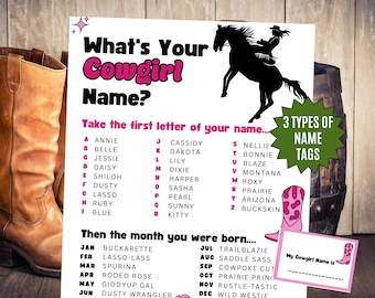 What's Your Cowgirl Name Game, NAME TAGS + SIGN, Cowgirl Party Game, Wild West Rodeo Birthday, Bachelorette, Baby Shower Activity Printable