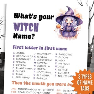 What&#39;s Your Witch Name Game, NAME TAGS+ SIGN, Witch Birthday Printable, Classroom, Ladies Night, Office, Sleepover, Baby Shower Game Ideas