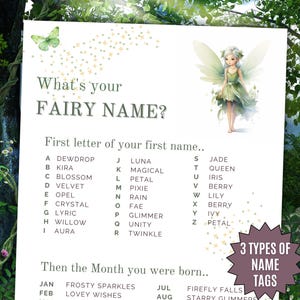 What&#39;s Your Fairy Name Game NAME TAGS + SIGN, Enchanted Fairy Forest Birthday, Fairy Garden Tea Party Activity, Fairy Decor Printable Game