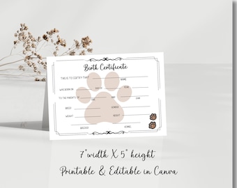 Editable Pet Birth Certificate Template, , Fillable Dog Breeder, New Puppy Adoption Form, Dog Certificate of Birth (Canva Digital Download)