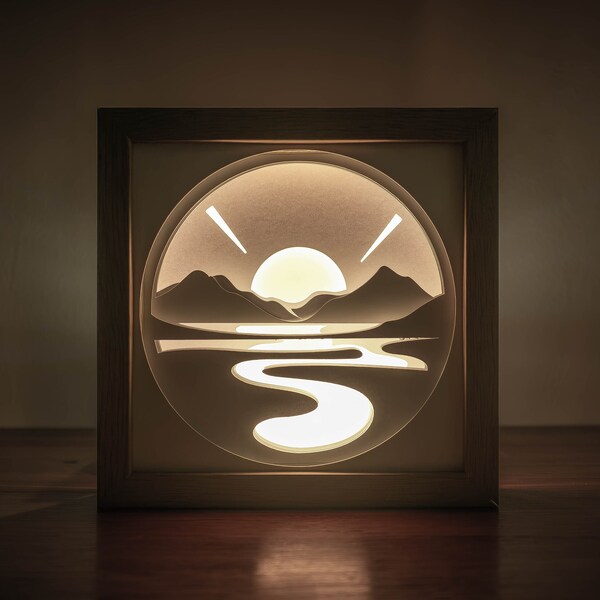 3D Sunrise Shadow Box SVG Template, Mountains and Sea Light Box, Light Painting, Nature Shadowbox Template