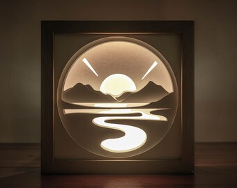 Plantilla SVG de caja de luz 3D con amanecer en la montaña: Caja de sombras DIY (Descarga digital)