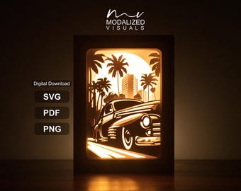 Plantilla SVG de caja de luz para coche clásico, caja de sombra recortada en papel (descarga digital)