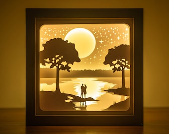 Plantilla SVG para lightbox de enamorados, caja de sombras de San Valentín, paisaje recortado en papel (descarga digital)