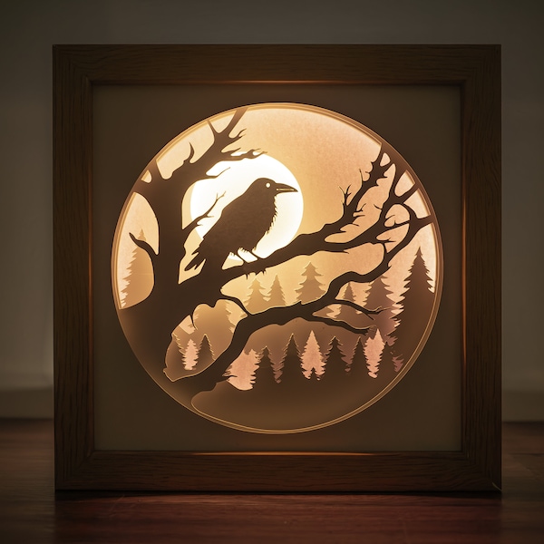 3D Crow Paper Cut Shadowbox Template, Crow In Woods Lightbox SVG, Light Painting Template.