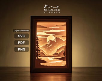 3D Mountains Paper Cut SVG, Landscape Lightbox Template, Forest Shadowbox Template.