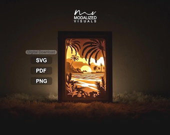 Plantilla SVG de paisaje costero en 3D para caja de luz / Diseño de caja de sombras / Descarga digital.