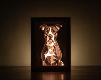 Plantilla SVG para caja de luz 3D de perro, Plantilla para caja de sombras de pitbull adorable, Plantilla SVG para retrato de perro en papel recortado