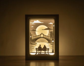 Plantilla de caja de luz recortada en papel con diseño de paisaje urbano para parejas (descarga digital)