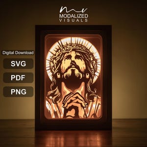 3D Jesus Shadowbox-mall, Jesus Kristus Lightbox SVG, Allsmäktige Gud pappersklippt rumsdekor.