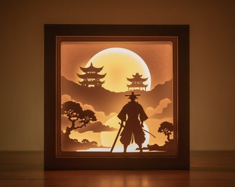 3D Samurai Shadowbox-sjabloon, Warrior Paper Cut SVG-bestanden, Ronin Lightbox-sjabloon.