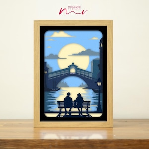 3D Couple Colored Card Stock SVG Template, Romantic Cityscape Shadow Box SVG, Sweet Couple Shadowbox Template.