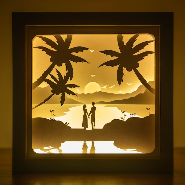 Lovers Holding Hands At The Beach Shadowbox SVG Template, Downloadable 3D Lightbox Gift For Valentines, Layered Paper Cutting Digital Files.