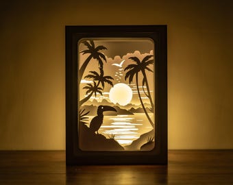 3D Tropical Shadowbox Template: River, Toucan, Palms (SVG, PDF)