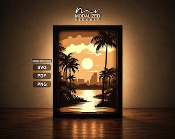 Tropical Sunset River Lightbox SVG, Layered Paper Cut Shadow Box, Cricut Template