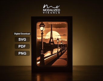 Plantilla de lightbox de paisaje 3D, plantilla de recorte de papel de la Torre Eiffel, archivo SVG de shadowbox de paisaje urbano.