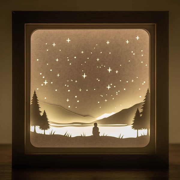 3D Nachthimmel Shadow Box SVG Vorlage, Milky Way Lightbox Dateien, leuchtende Sterne Shadowbox Vorlage