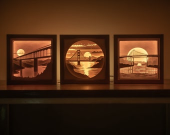 Modello SVG per ritaglio di carta con effetto ombra a ponte stratificato, alba e tramonto (download digitale)
