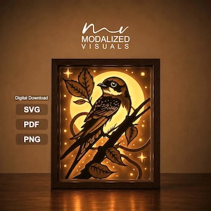 May include: A rectangular shadow box frame containing a layered paper cutout of a bird perched on a branch against a large circular moon. The text "MODALIZED VISUALS" appears above, with "Digital Download", "SVG", "PDF", and "PNG" to the left.