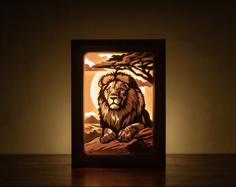 Plantilla de caja de luz de león 3D, caja de luz SVG de Rey de la jungla, caja de luz recortada en papel de león macho alfa.