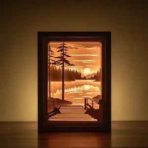 3D Landscape Lightbox Template, Mountains Paper Cut Template, Forest Shadowbox SVG.