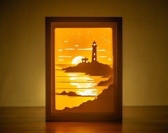 3D Lighthouse Shadowbox Template, Layered Cardstock Landscape Lightbox (Digital Download)