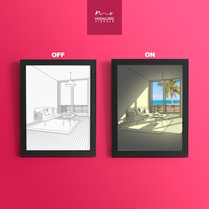 以下が含まれることがあります： ソファ、コーヒーテーブル、海を見渡す窓のあるリビングルームの黒枠イラスト。画像は2つのセクションに分かれており、片方はライトがオフ、もう片方はライトがオンになっています。「OFF」というテキストは左側の画像の上に、「ON」というテキストは右側の画像の上にあります。