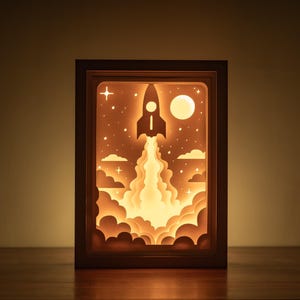 May include: A wooden frame with a paper cut-out design of a rocket launching into the night sky. The rocket is white and the sky is dark blue with white stars and a white moon. The rocket is surrounded by white clouds.