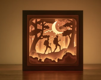3D Hiking Shadowbox SVG Template, Trekking Lightbox SVG Files, Hikers Paper Cut Room Decor.