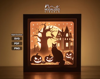 Halloween Cat & Pumpkins Lightbox SVG: Spooky Shadowbox Template (Digital Download)