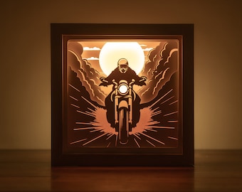 3D Motorcycle Shadowbox Template, Rider Lightbox SVG Files, Motorbike Paper Cut SVG Room Decor