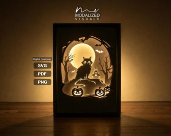 Halloween Cat & Pumpkins Lightbox SVG: Spooky Shadowbox Template (Digital Download)