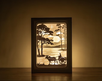 Plantilla de caja de luz 3D para paisajes: Caja de luz recortada en papel con escena de granjero (SVG)