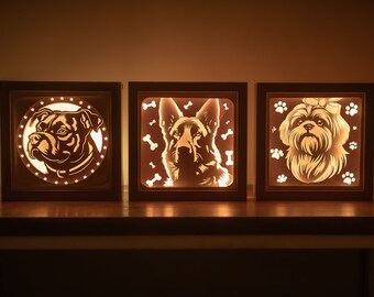 Retrato de perro 3D Lightbox SVG / Pastor alemán Bully Shih Tzu Shadowbox Plantilla de recorte de papel