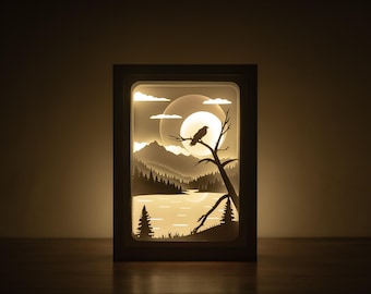 Plantilla 3D de paisaje con efecto de sombra: río, montañas y aves (descarga digital en formato SVG, PDF y PNG)